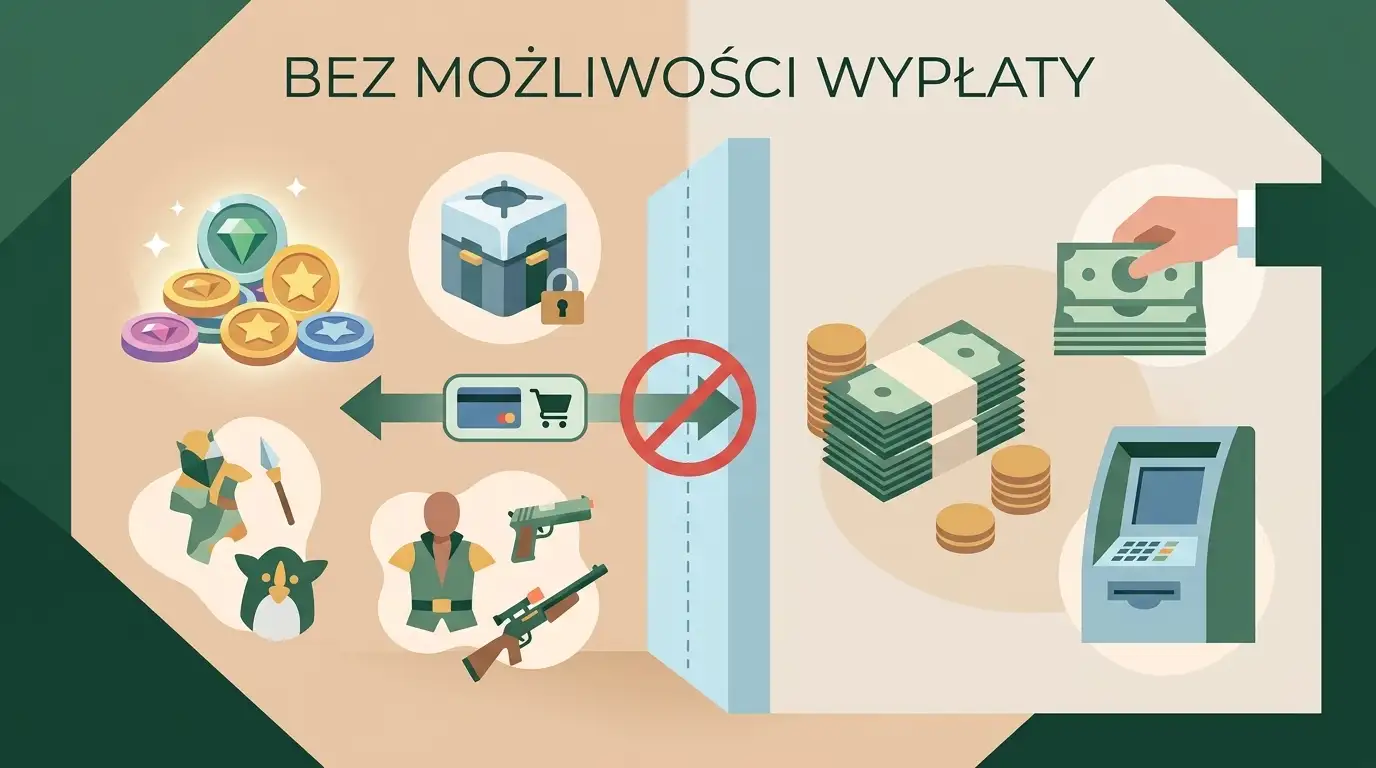 Edukacyjny schemat różnicy między wirtualnymi monetami a gotówką