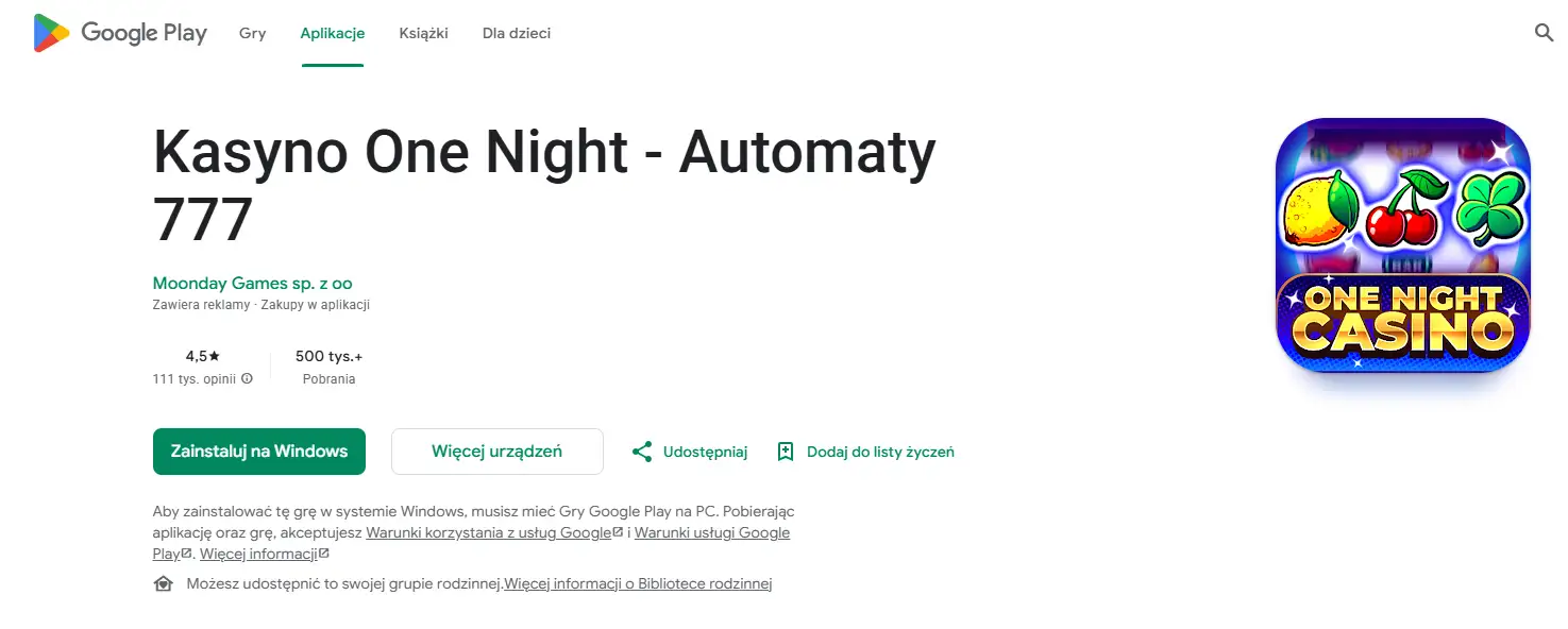 Karta One Night Casino w polskim Google Play