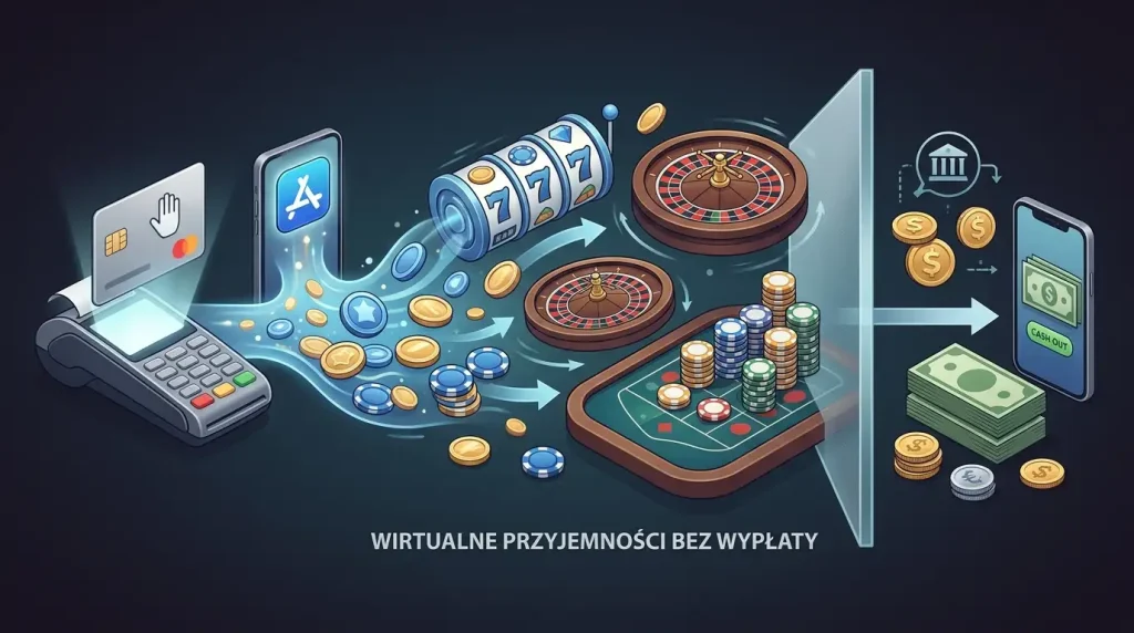 Ilustracja pokazująca zakup wirtualnych dóbr i brak wypłaty gotówki w One Night Casino