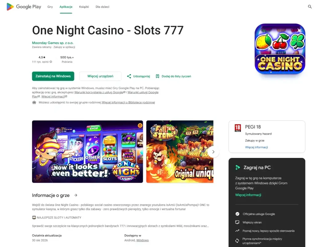 Oficjalna karta One Night Casino w Google Play