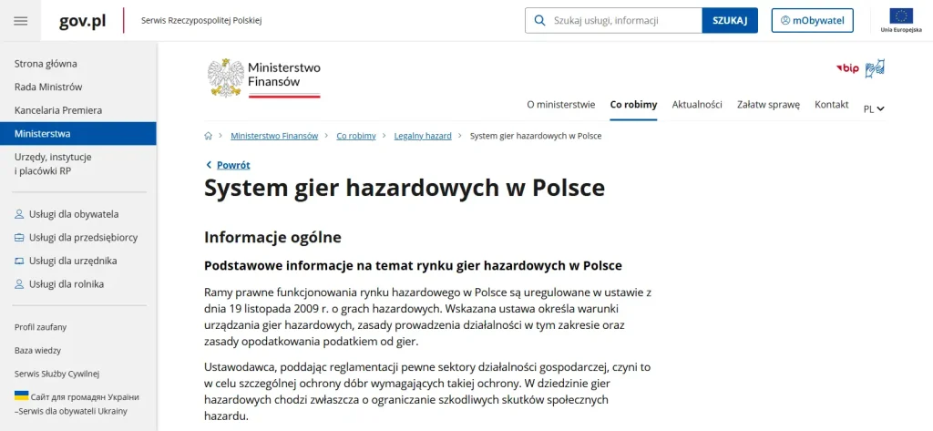 Oficjalna strona Ministerstwa Finansów o legalnych grach hazardowych przez internet