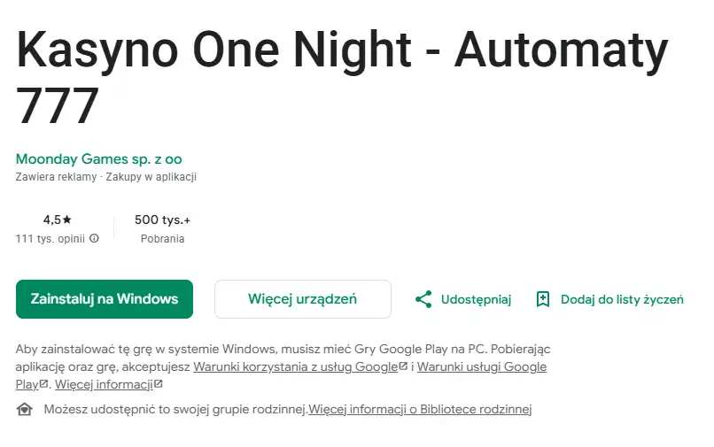 Oficjalny disclaimer Google Play dla One Night Casino o braku realnych nagród i wypłat