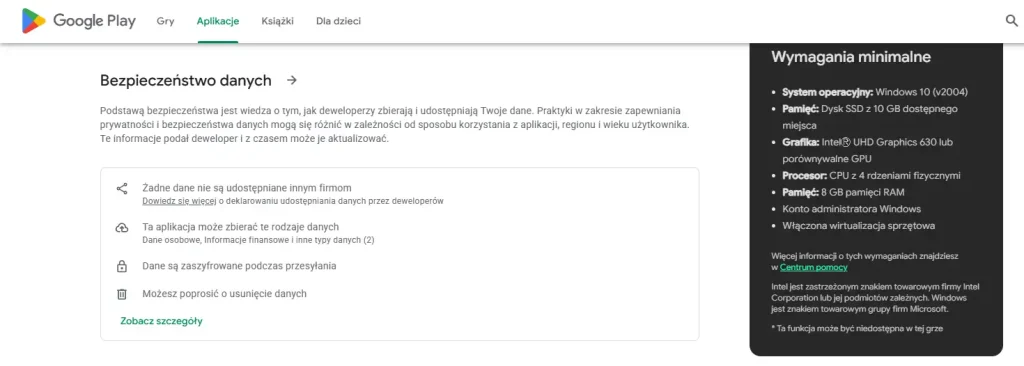 Sekcja Bezpieczeństwo danych w oficjalnej karcie One Night Casino w Google Play